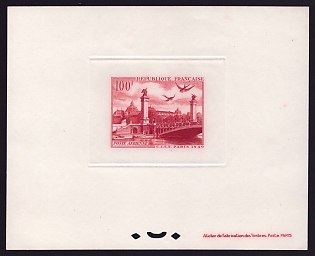 1949 100fr France 'Alexander Ill Bridge and Petit Palais, Paris' Sunken Airmail Trial Color Proof Sheetlet, Epreuve de Luxe, Deluxe Presentation Miniature Sheet
