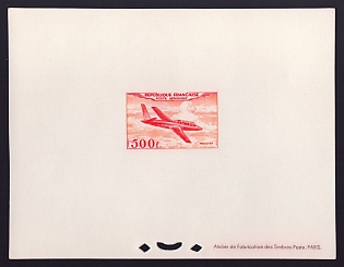 1954 500fr France 'Miles Magister' Airmail Trial Color Proof Sheetlet, Epreuve de Luxe, Deluxe Presentation Miniature Sheet