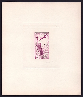 1946 50fr France 'Statue of Liberty and Constellation' Sunken Trial Color Master Artist Proof Sheetlet, Epreuve de Luxe, Deluxe Presentation Miniature Sheet