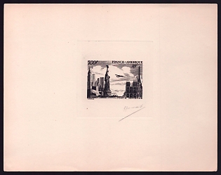 1946 500fr France 'France-America, Statue of Liberty, New York and Paris Skylines' Sunken Airmail Trial Color Master Artist Proof Sheetlet, Epreuve de Luxe, Deluxe Presentation Miniature Sheet