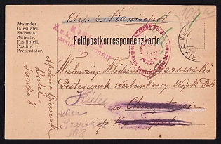1917 (23 Feb) Polish Legion in Austro-Hungarian Army, Forwarded Field Post Postcard to Kielce, Austrian K.u.K. (Royal and Imperial) Field Post Postmark Kielce, Purple Kielce Censorship Postmark, Red Postmark of the Polish Legions - Military Department of the Supreme National Committee