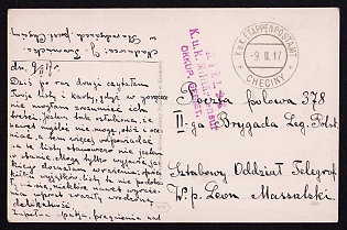 1917 (9 Feb) Polish Legion in Austro-Hungarian Army, Picture Field Post Postcard to Staff Telegraph Detachment, II Brigade of the Polish Legions, Austrian K.u.K. (Royal and Imperial) Field Post Postmark Checiny, Purple Kielce Censorship Postmark