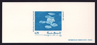 1999 6.70fr France 'Painting, "Waterlillies in Moonlight" by Claude Monet (1840-1926)' Trial Color Proof Miniature Sheetlet, Epreuve de Luxe, Deluxe Presentation Miniature Sheet