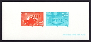 2001 3-4.50fr France 'Thank you; Yes (marriage)' Compound Trial Color Proof Miniature Sheetlet, Epreuve de Luxe, Deluxe Presentation Miniature Sheet