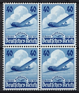 1936 40pf Third Reich, Germany, Complete Set, Block of Four