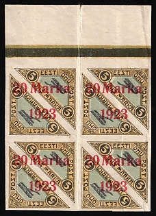 1923 20m on 5m Estonia, Airmail, Imperforate, Marginal Block of Four, Control Strip