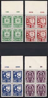 1937 Estonia, Complete Set, Marginal Blocks of Four, Plate Numbers