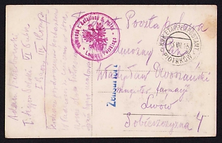 1915 (23 Aug) Polish Legion in Austro-Hungarian Army, Picture Field Post Postcard to Lwiw, Austrian Royal and Imperial Field Post Postmark Piotrkow, Red Postmark of the Command of the 1st Battalion, 6th Regiment of the Polish Legions, Blue Censorship Postmark