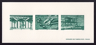 2003 50c France 'Beach cabins; Fishing net; Petanque' Compound Trial Color Proof Miniature Sheetlet, Epreuve de Luxe, Deluxe Presentation Miniature Sheet