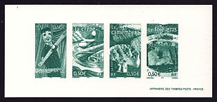 2003 50c France 'Camembert cheese; Foie gras; Puppet show (Guignol); Crepe' Compound Trial Color Proof Miniature Sheetlet, Epreuve de Luxe, Deluxe Presentation Miniature Sheet