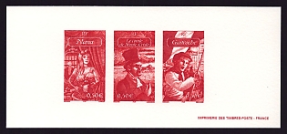2003 50c France 'Nana, from Rougon-Macquart, by Emile Zola; La Comte de Monte-Cristo, from La Comte de Monte-Cristo, by Alexandre Dumas; Gavroche, from Les Miserables, by Hugo' Compound Trial Color Proof Miniature Sheetlet, Epreuve de Luxe, Deluxe Presentation Miniature Sheet