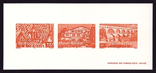 2003 50c France 'Roof, Bourgogne; Basque house; Pont du Gard' Compound Trial Color Proof Miniature Sheetlet, Epreuve de Luxe, Deluxe Presentation Miniature Sheet