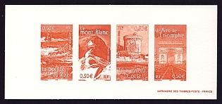 2003 50c France 'Pointe du Raz; Mont Blanc; Genoese Tower, Corsica; Arc de Triomphe' Compound Trial Color Proof Miniature Sheetlet, Epreuve de Luxe, Deluxe Presentation Miniature Sheet