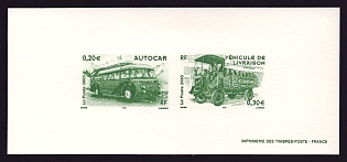 2003  20-30c France '1954 lsobloc 648 DP 102 bus (Autocar); 1910 Berliet 22hp Type M delivery truck' Compound Trial Color Proof Miniature Sheetlet, Epreuve de Luxe, Deluxe Presentation Miniature Sheet