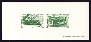 2003  20-30c France '1938 Delahaye fire truck with mechantcal aerial ladder; Citroen police van' Compound Trial Color Proof Miniature Sheetlet, Epreuve de Luxe, Deluxe Presentation Miniature Sheet