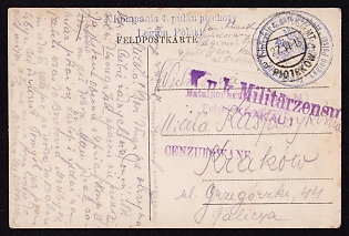1915 (27 Jun) Polish Legion in Austro-Hungarian Army, Picture Field Post Postcard to Krakow, Austrian Royal and Imperial Field Post Postmark Piotrkow, Blue Postmarks of the 4th Battalion, 4th Infantry Regiment of the Polish Legions, Different Purple Censorship Postmarks