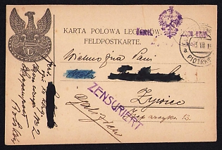 1915 (3 Jul) Polish Legion in Austro-Hungarian Army, Bilingual Field Post Postcard to Zywiec - Galizia, Austrian Royal and Imperial Field Post Postmark Piotrkow,Faint Purple Postmark of the Replacement Battalion of the Polish Legions, Purple Censorship Postmark