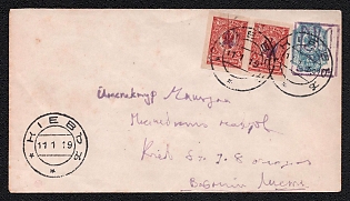 1919 (11 Jan) 35 on 20k Kiev (Kyiv) Type 4 Trident Postal stationery cover (Bulat 33 var), Kiev (Kyiv) locally addressed cover, additionally franked with Pair 4k Kiev (Kyiv) Type 1 Ukrainian trident overprints, Signed