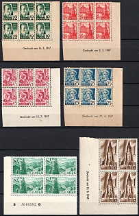 1947 Baden, French Zone of Occupation, Germany, Corner Marginal Blocks 3x2 and Blocks of Four, Sheet Inscriptions