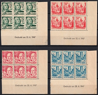 1947-48 Wurttemberg-Hohenzollen, French Zone of Occupation, Germany, Corner Marginal Blocks 3x2, Sheet Inscriptions