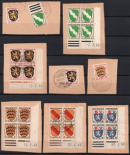 1945-46 French Zone of Occupation on pieces, Germany, Corner Marginal Blocks of Four with Complete Print Dates