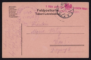 1917 (11 Jan) Polish Legion in Austro-Hungarian Army, Multilingual Field Post Postcard from Warsaw to Vienna, Red Postmark of the Training Battery of the 1st Artillery Regiment of the Polish Legions, Faint Purple Postmark