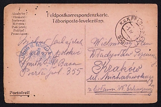 1916 (3 Apr) Polish Legion in Austro-Hungarian Army, Multilingual Field Post Postcard to Krakow, Austrian Royal and Imperial Field Post Postmark 355, Blue Postmark of the Command of the 3rd Battalion of the 4th Regiment of the Polish Legion