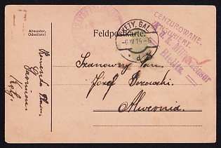 1915 (6 Apr) Polish Legion in Austro-Hungarian Army, Field Post Postcard from Kety - Galizia to Alvernia, Red Postmark of the Staging Command of the Polish Legions, Two different Purple Censorship Postmarks