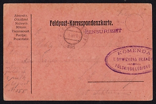 1915 (8 Jul) Polish Legion in Austro-Hungarian Army, Multilingual Field Post Postcard from a Polish Soldier, Austrian Royal and Imperial Field Post Postmark 355, Purple Postmark of the Command of the 1st Uhlan Division of the Polish Legions, Purple Censorship Postmark
