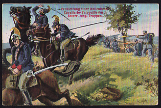 1915 (28 Jul) Polish Legion in Austro-Hungarian Army, Field Post Postcard with the Picture of a Fight of the Austro-Hungarian Army against Italian Cavalary to Horodenka, Royal and Imperial Field Post Postmark No 355, Faint Purple Postmark of the Command of the 2nd Battalion of the 3rd Regiment of the Polish Legion, Faint Purple Censorship Postmark