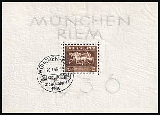 1936 (26 Jul) 'The Brown Ribbon of Germany in Munich - Riem', Third Reich, Germany, Souvenir Sheet, Commemorative Postmark