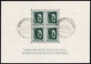 1937 (20 Apr) 'Berchtesgaden - The führer's Birthday', Third Reich, Germany, Souvenir Sheet, Commemorative Postmarks