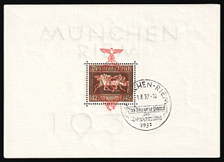 1937 (1 Aug) 'The Brown Ribbon of Germany in Munich - Riem', Third Reich, Germany, First Day Cancellation, Souvenir Sheet, Commemorative Postmark