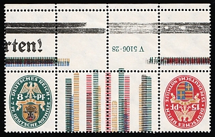1928 Weimar Republic, Germany, Gutter Pair, Tete-beche, Se-tenant, Zusammendrucke, Leerfeld, Blank field, Margin, Sheet Inscription 'V 5106. 28'