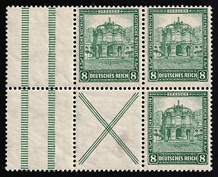 1931 8pf Weimar Republic, Germany, Se-tenant, Zusammendrucke, Marginal Block of Four
