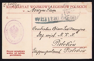 1915 (7 Jun) Polish Legion in Austro-Hungarian Army, Field Post Postcard to the Central Records Office of the Military Department of the Supreme National Committee in Piotrków, Purple Postmark of the Military Commissariat of the Polish Legions in Nowy Sącz, Black Forwarded Postmark