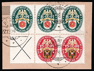 1929 8pf+15pf on piece Weimar Republic, Germany, Se-tenant, Zusammendrucke, Block