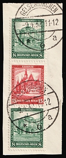 1931 8pf+15pf+8pf on piece Weimar Republic, Germany, Se-tenant, Zusammendrucke, 'Gelsenkirchen' Postmarks