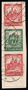 1931 15pf+8pf+15pf on piece Weimar Republic, Germany, Se-tenant, Zusammendrucke, 'Wiesbaden' Postmarks