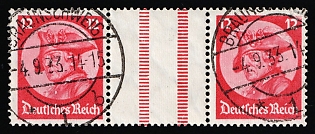 1933 12pf Third Reich, Germany, Gutter Pair, Se-tenant, Zusammendrucke, 'Braunschweig' Postmarks