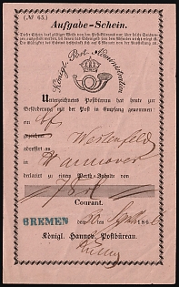 1866 (20 Sep) Bremen, German States, Germany, Acknowledgement of Receipt form for 78 thalers courant, issued by the Royal Postal Administration of Hanover from Bremen to Westerfeld in Hannover, with registration number '65'