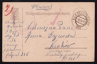 1915 (6 Sep) Polish Legion in Austro-Hungarian Army, Multilingual Field Post Postcard to Krakow, Royal and Imperial Field Post Postmark No 355, Faint Purple Postmark of a command of the 2nd Regiment of the Polish Legion, Purple Censorship Postmark
