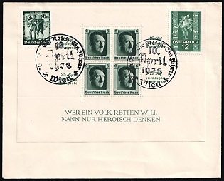 1938 (10 Apr) 'One Nation, One Empire, One Leader. Vienna', Third Reich, Germany, First Day Cancellation Cover from Vienna, franked with mixed franking of Germany Souvenir Sheet, 6pf, and Austria 12gr, Commemorative Postmarks