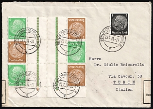 1937 (23 Jul) Third Reich, Germany, Cover from Berlin-Charlottenburg to Turin (Italy) via Frankfurt am Main Railway Post, with tape customs control 'Opened by customs for currency control', red crayon postal marking, franked with 1pf and Gutter Pairs, Tete-beches, Se-tenant Block, Zusammendrucke
