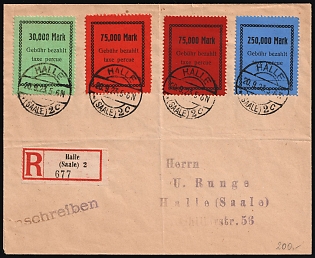 1923 (20 Sep) Weimar Republic, Germany, Registered Cover locally addressed in Halle (Saale), with red registration label '677', violet handstamped registration marking, franked with provisional stamps of 30000m, 2x75000m, 250000m 'Fee paid. Tax paid'
