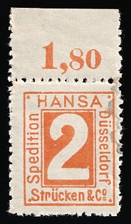1898 2pf Dusseldorf 'C. Hansa Spedition Strücken & Co. (Hansa Forwarding Strücken & Co.)', Germany Local Post, Private City Mail, Margin, Plate Number '1.80'