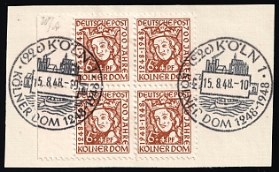 1948 6pf British and American Zones of Occupation on piece, Allied Occupation, Germany, Marginal Block of Four, Commemorative Postmarks