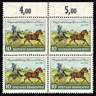 1952 10pf German Federal Republic, Germany, Marginal Block of Four, Plate Numbers
