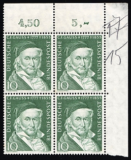 1955 10pf German Federal Republic, Germany, Corner Marginal Block of Four, Plate Numbers