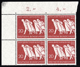 1955 20pf German Federal Republic, Germany, Corner Marginal Block of Four, Plate Numbers